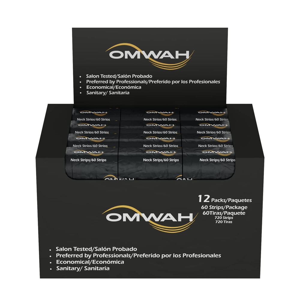 OMWAH neck strips on table ready for use, offering comfortable single-use sanitation