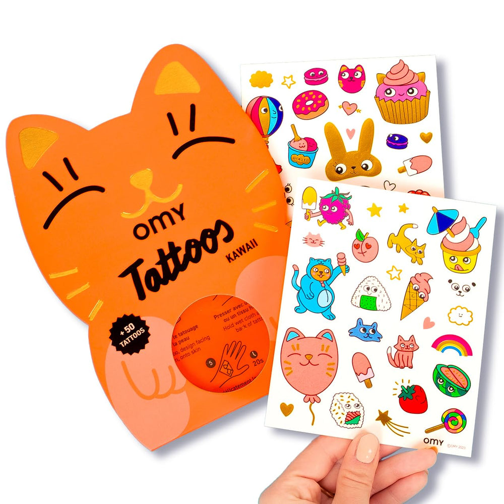 Omy Kawaii temporary tattoos 50-designs pack shows vibrant kid-friendly options.