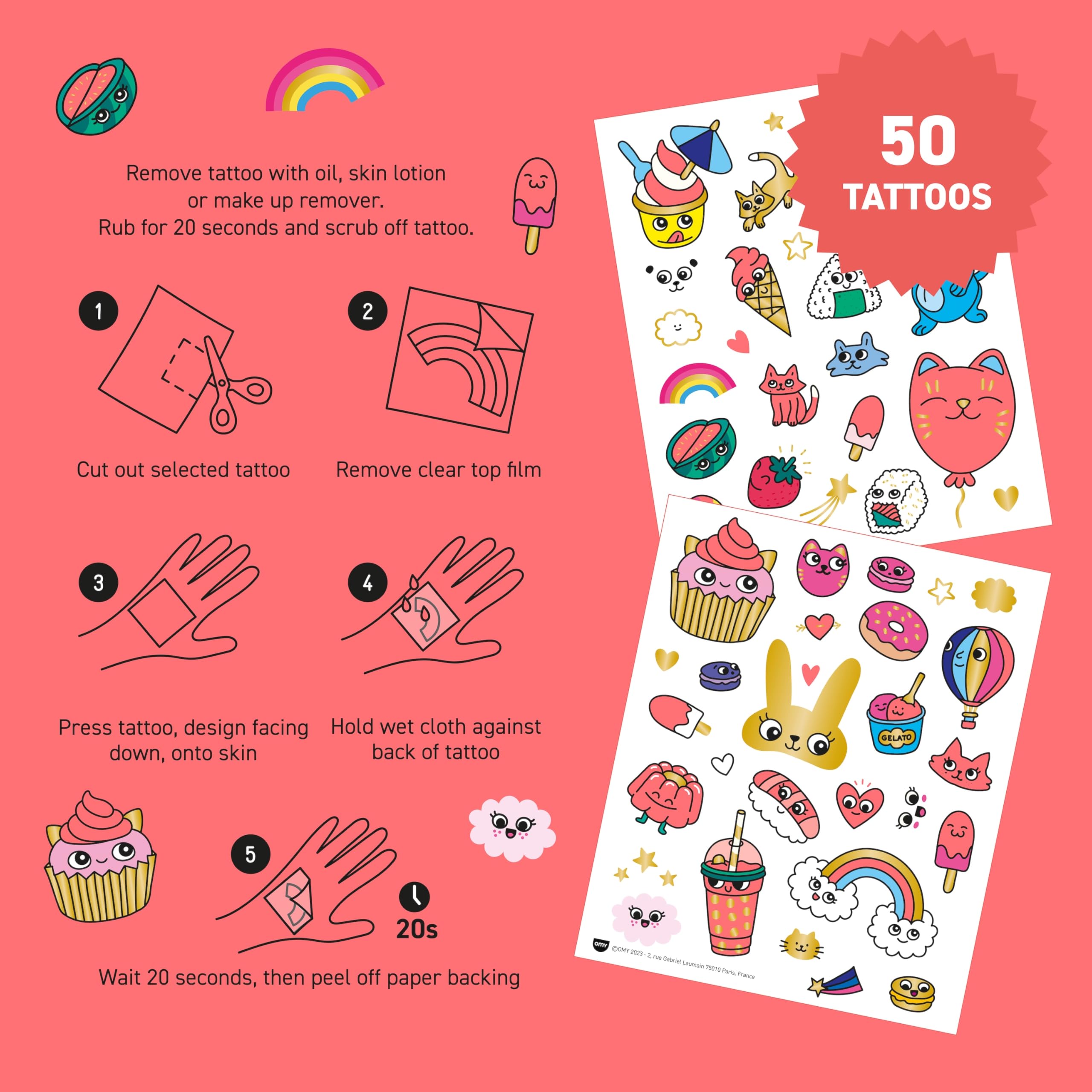 Omy Kawaii tattoos easy-removal shows residue-free peel-off after use.