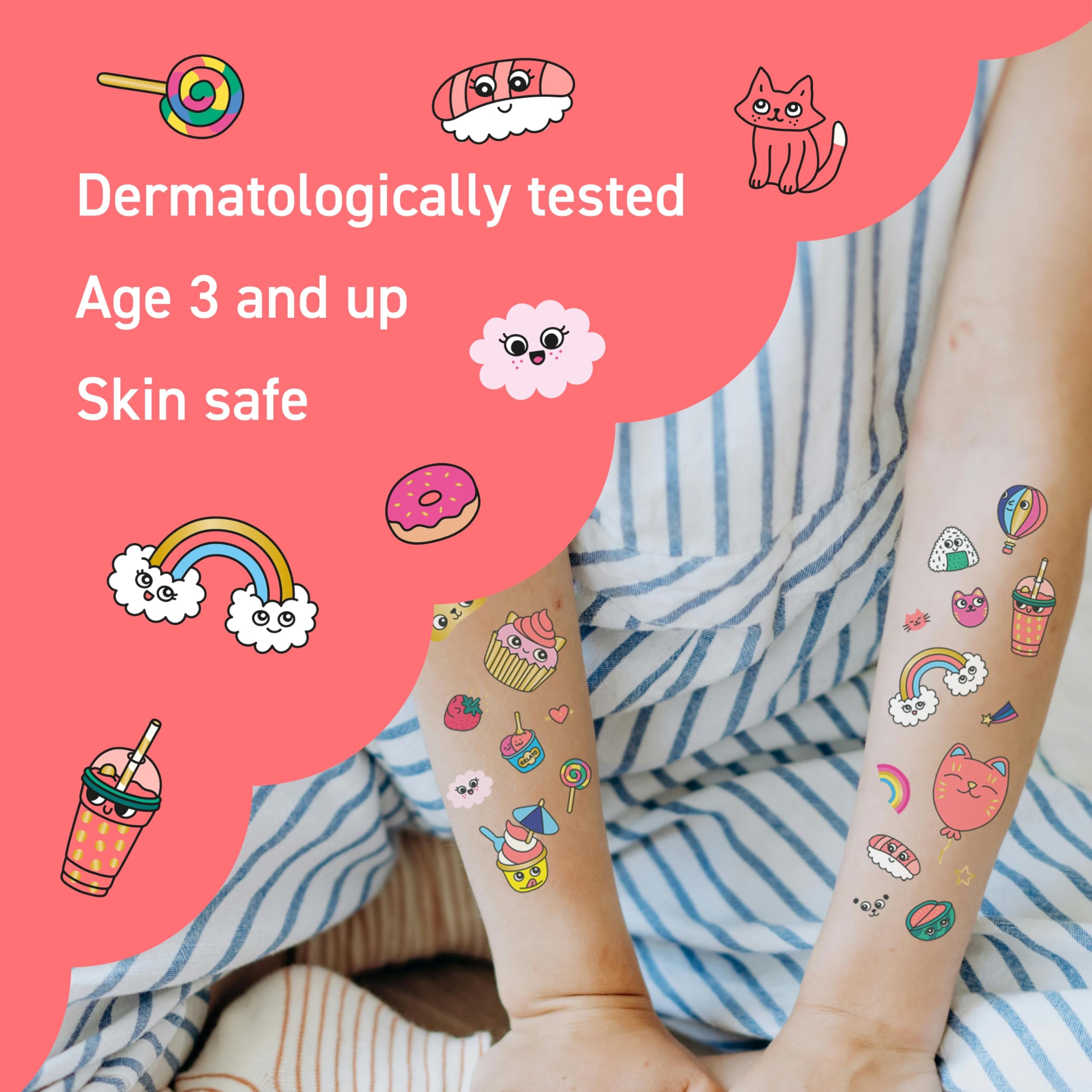 Omy Kawaii tattoos long-lasting waterproof wear through play and water activities.