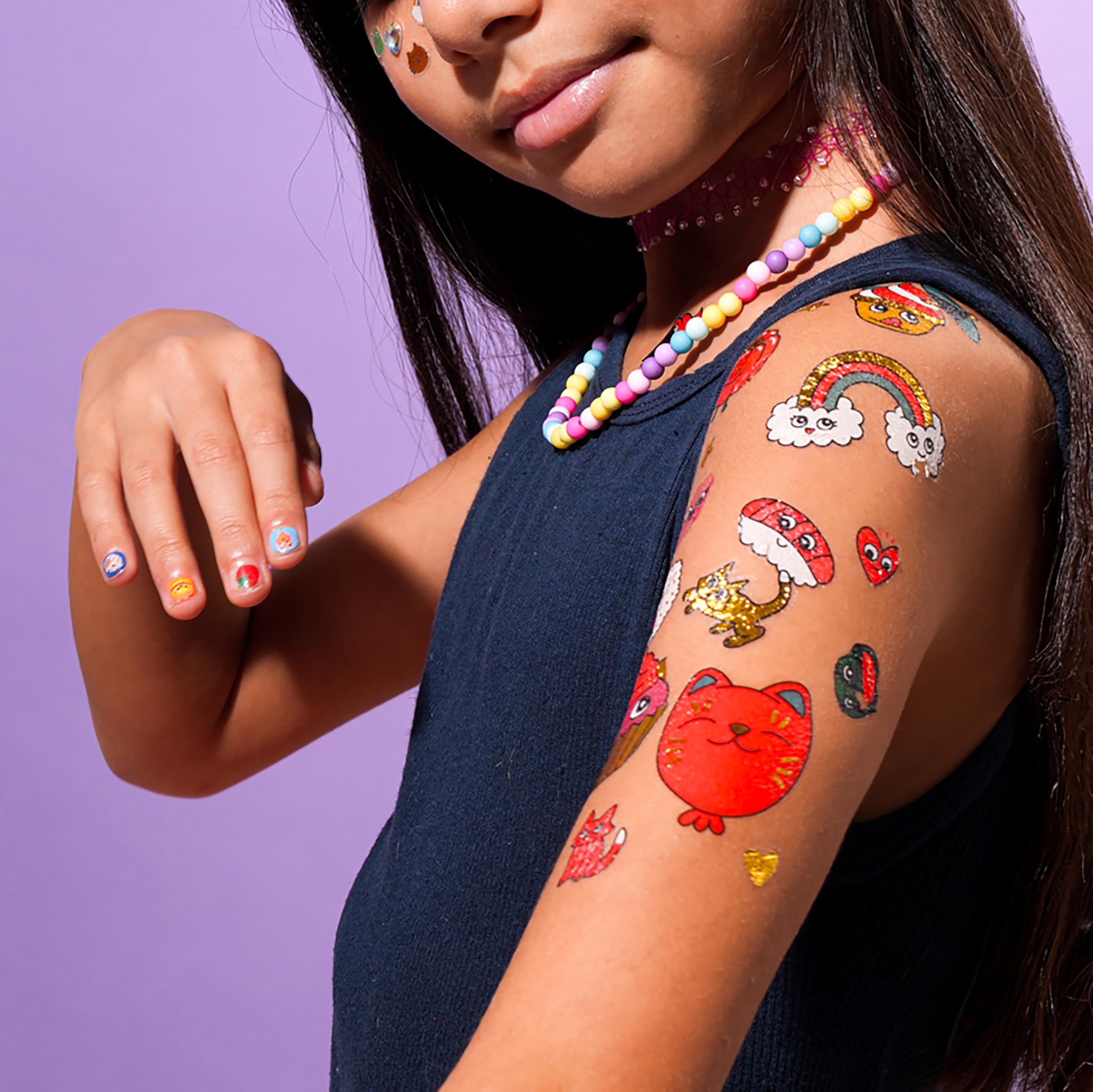 Omy Kawaii tattoos vibrant-colors designs emphasize bold, eye-catching style.