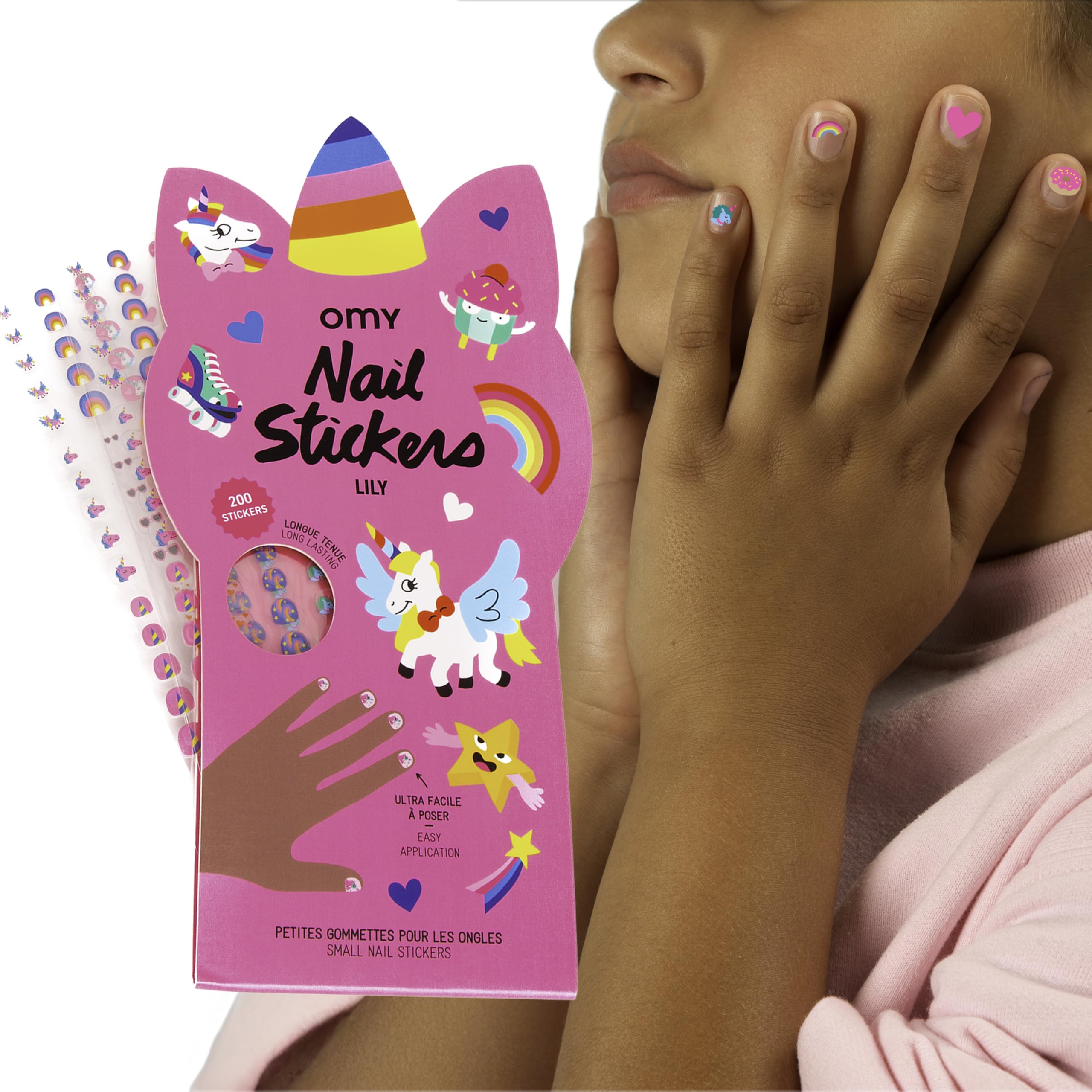Omy Unicorn Nail Stickers pack cover shows vibrant designs for durable kids' nail art.