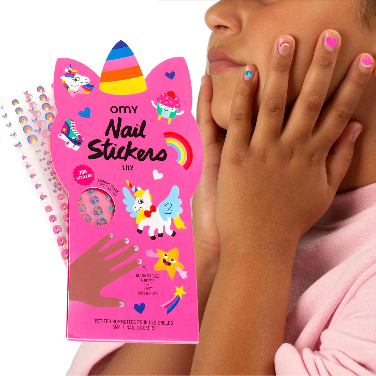 Omy Unicorn Nail Stickers pack cover shows vibrant designs for durable kids' nail art.