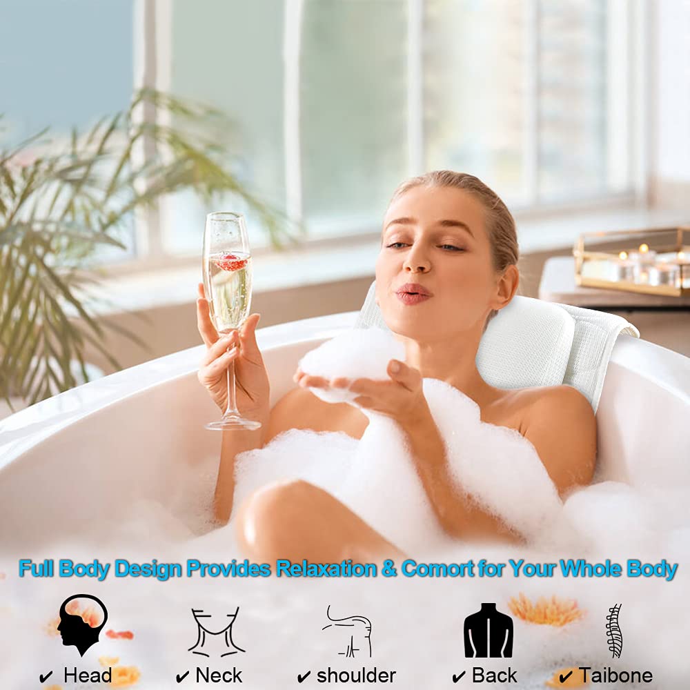 OMYSTYLE Full Body Bath Pillow cleaning mesh bag protects suction cups during washing.