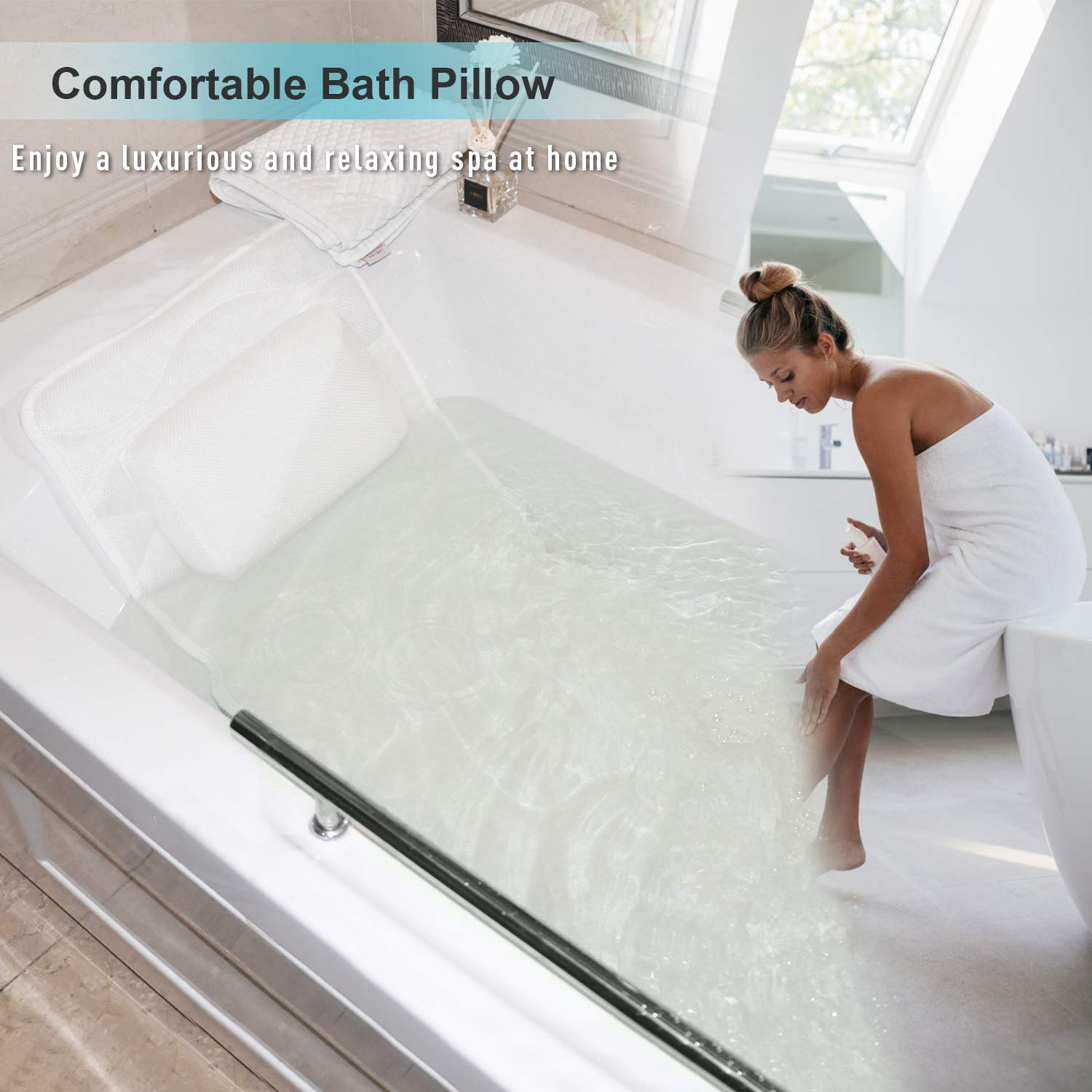 OMYSTYLE Full Body Bath Pillow for long soaks enhances overall spa-like comfort.