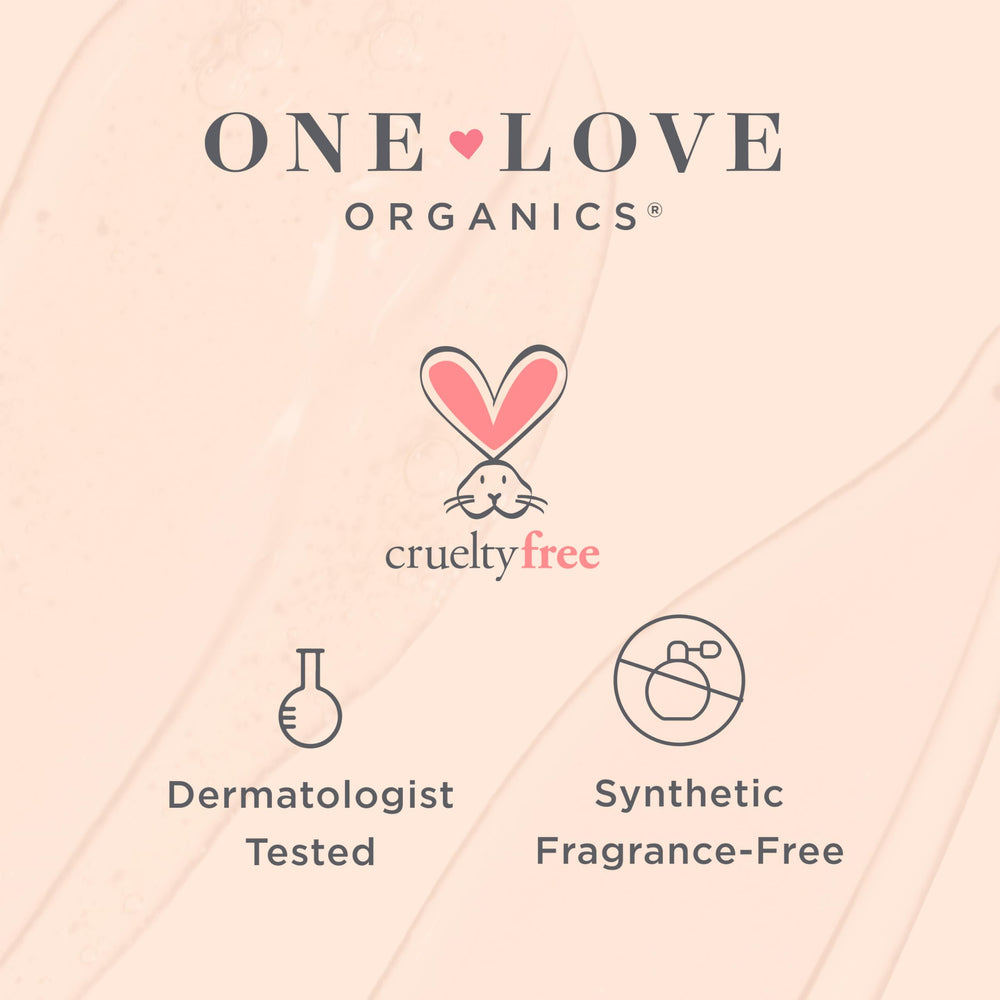 One Love Organics cruelty-free status emblem on cleansing oil packaging