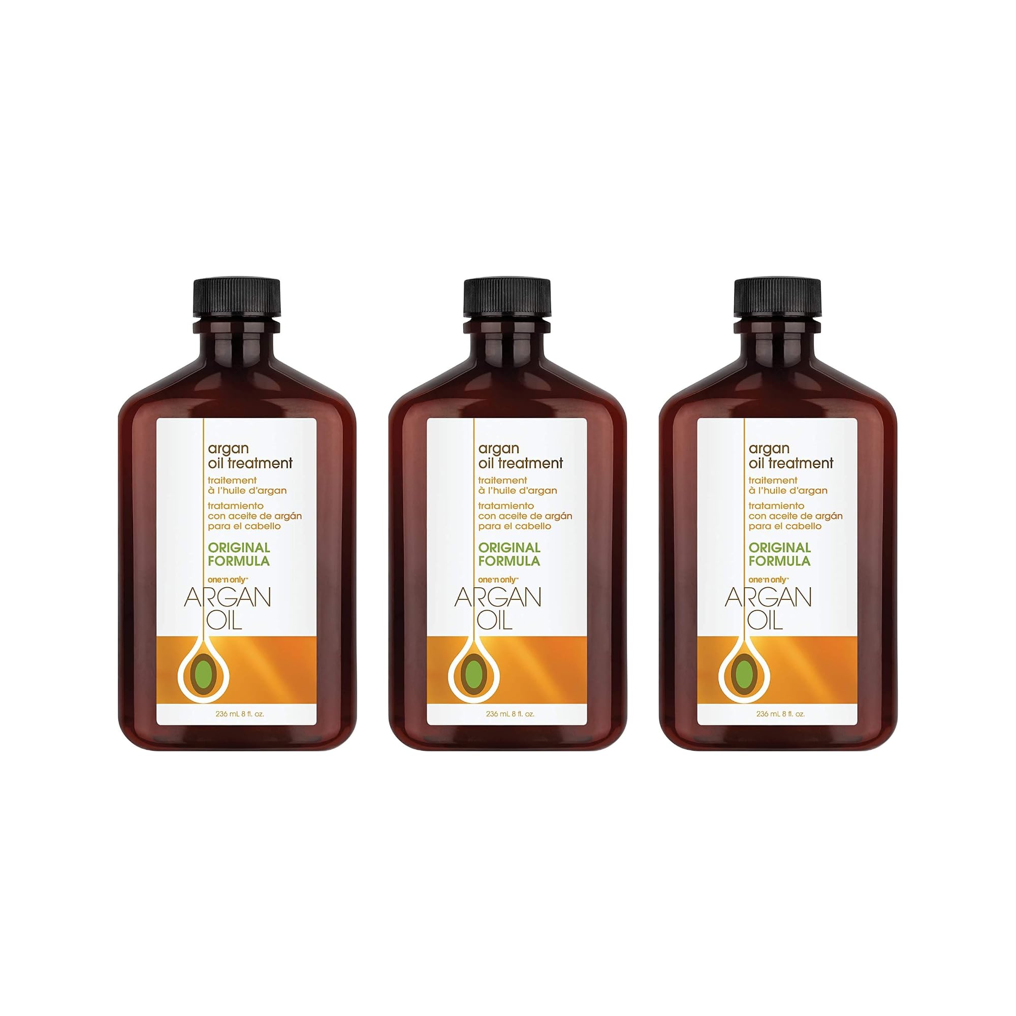One 'N Only Argan Oil Hair Treatment bottle-front demonstrates lightweight hydration for all hair types.