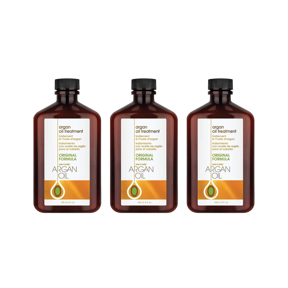 One 'N Only Argan Oil Hair Treatment bottle-front demonstrates lightweight hydration for all hair types.