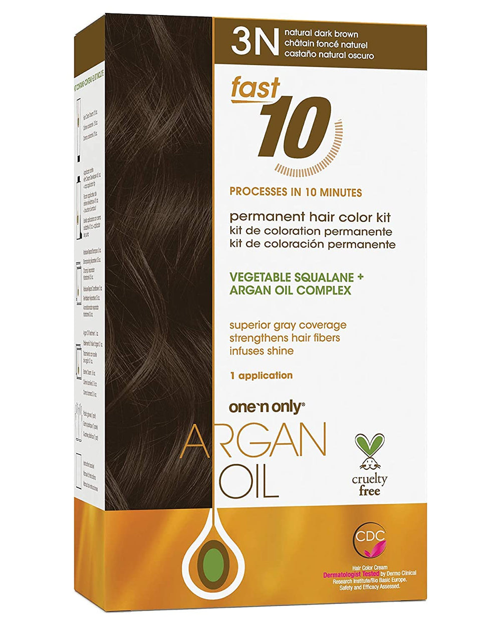 One 'N Only Fast 10 color kit box shows argan oil formula for quick at-home color.