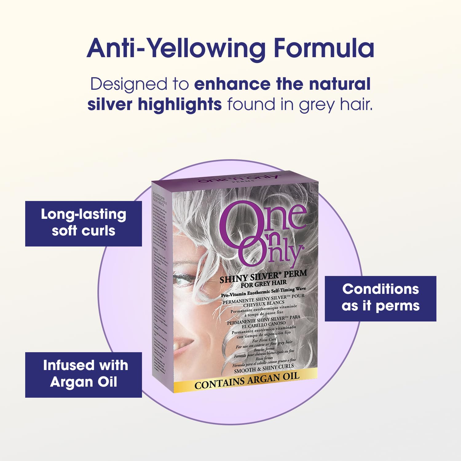 One 'N Only Shiny Silver Perm Kit brightening formula prevents yellow tones.