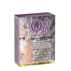 One 'N Only Shiny Silver Perm Kit packaging showcases easy at-home setup for gray hair.