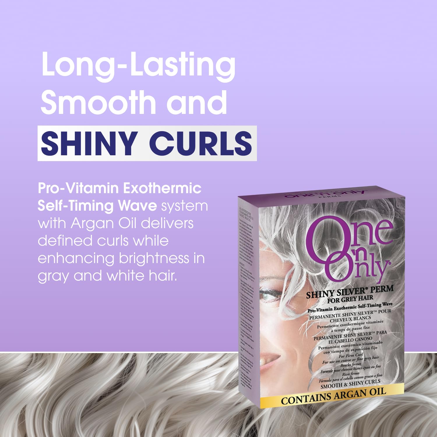 One 'N Only Shiny Silver Perm Kit self-heating application highlights hands-free curling readiness.