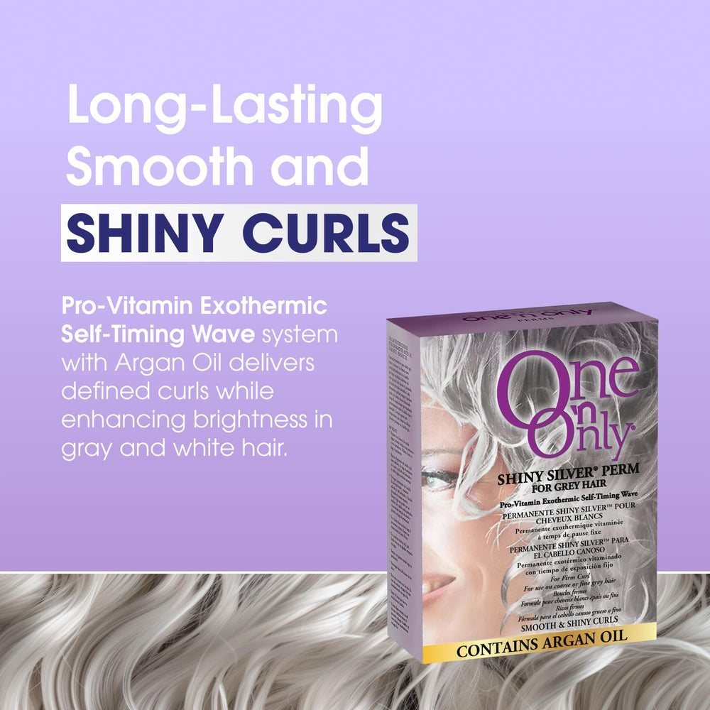 One 'N Only Shiny Silver Perm Kit self-heating application highlights hands-free curling readiness.