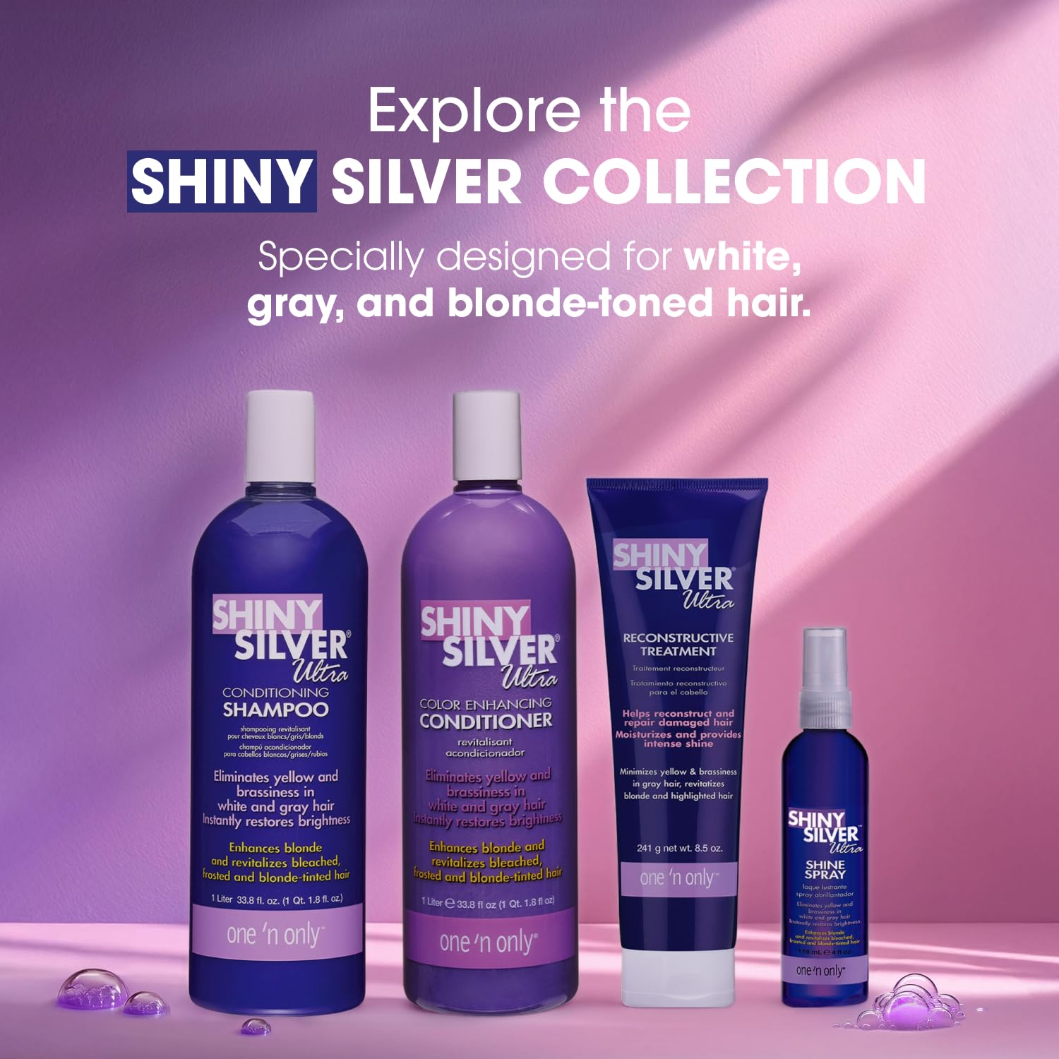 One 'N Only Shiny Silver Purple Shampoo 1-liter bottle on display for salon-grade maintenance.