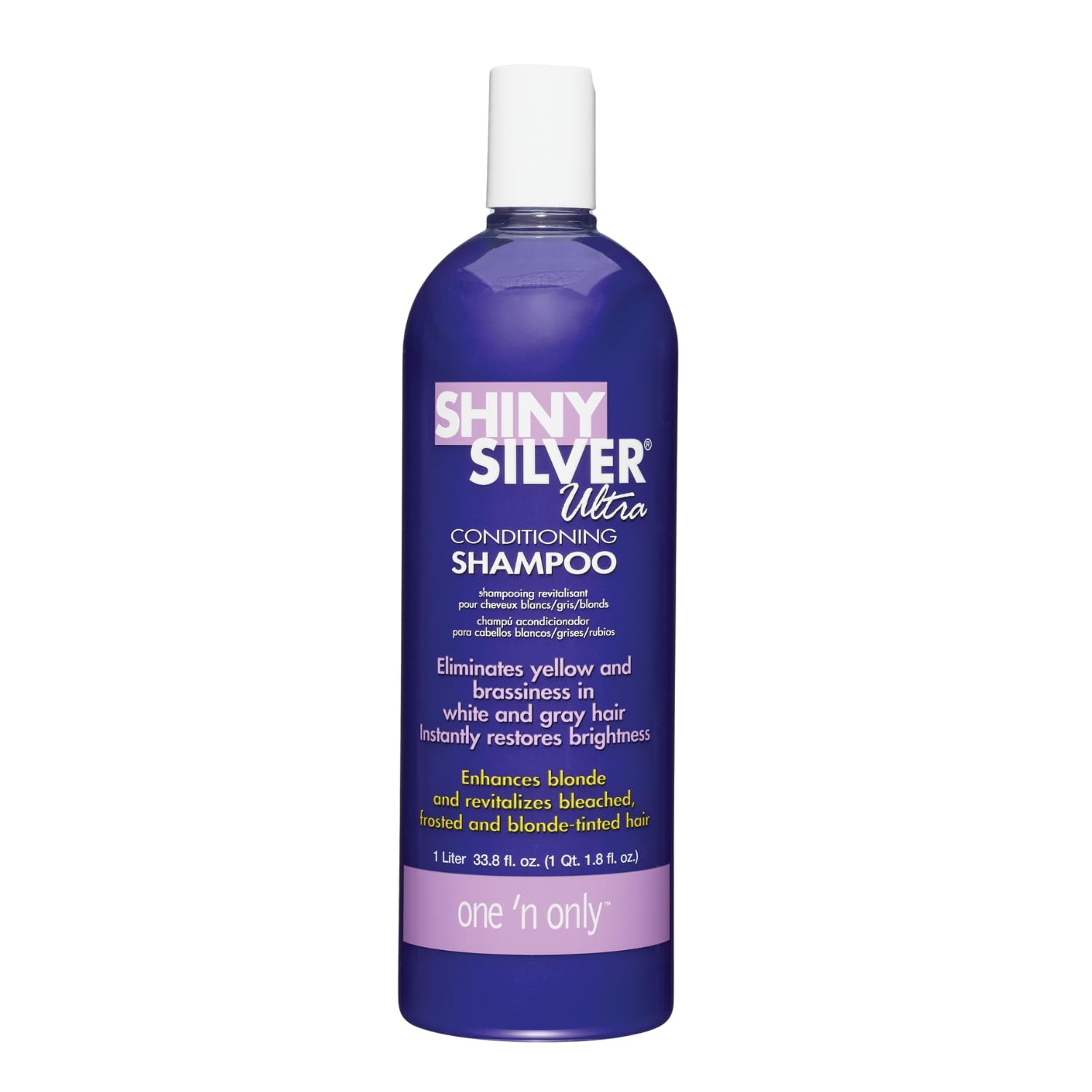 One 'N Only Shiny Silver Purple Shampoo bottle-front for cool-toned tones and brass reduction.