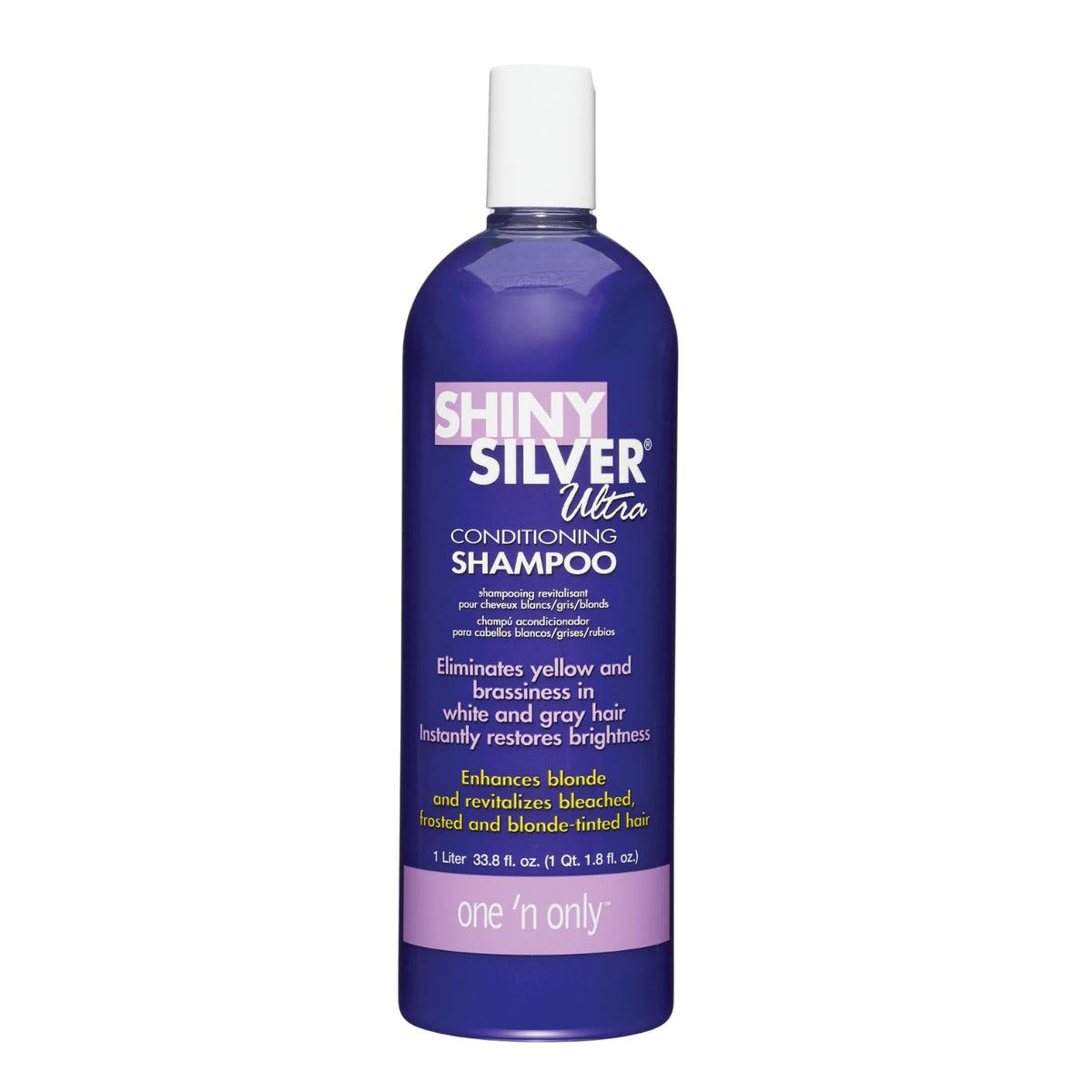 One 'N Only Shiny Silver Purple Shampoo bottle-front for cool-toned tones and brass reduction.