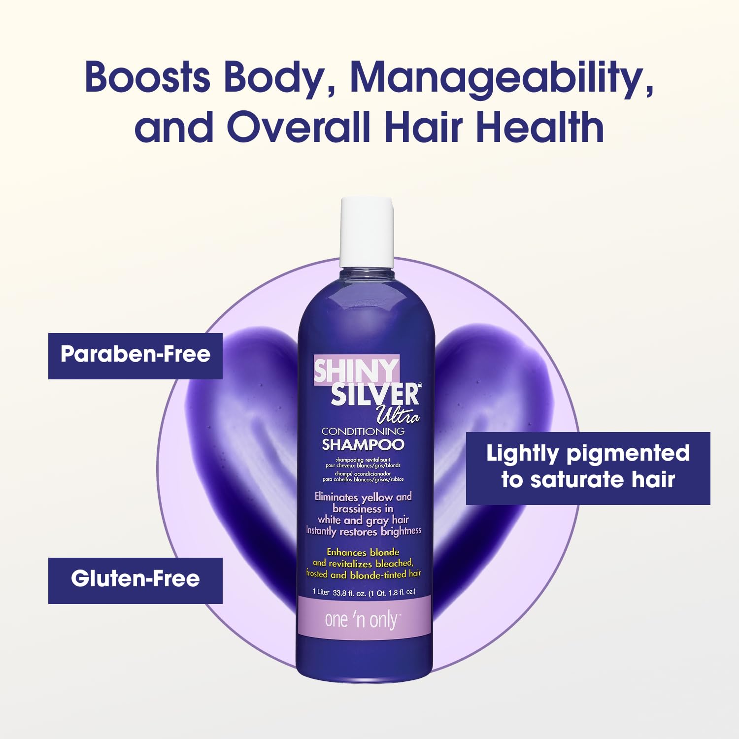 One 'N Only Shiny Silver Purple Shampoo highlighted-hair image showing brightness restoration for color-treated hair.