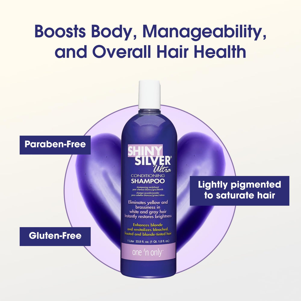 One 'N Only Shiny Silver Purple Shampoo highlighted-hair image showing brightness restoration for color-treated hair.