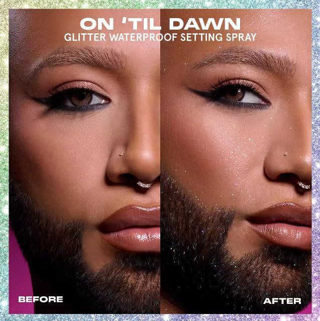 One Size On 'Til Dawn packaging display highlights glitter setting spray for evening looks