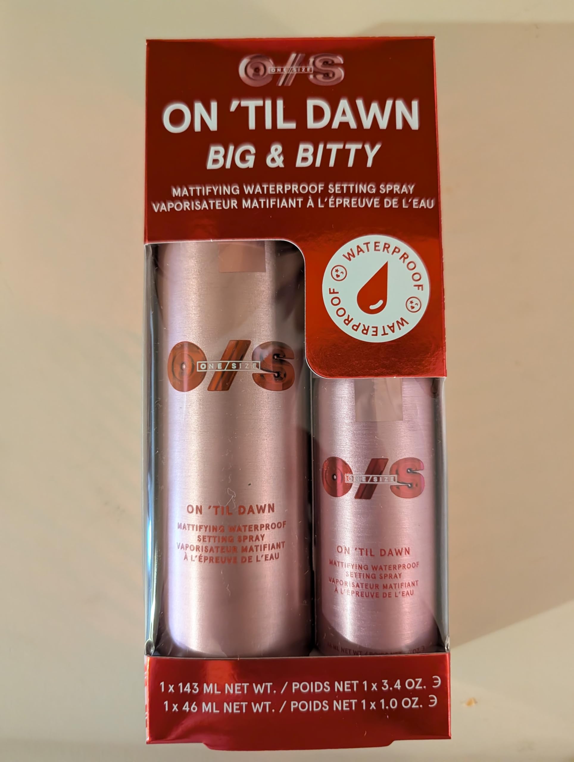Close-up of One Size setting spray on face with matte finish and oil control.