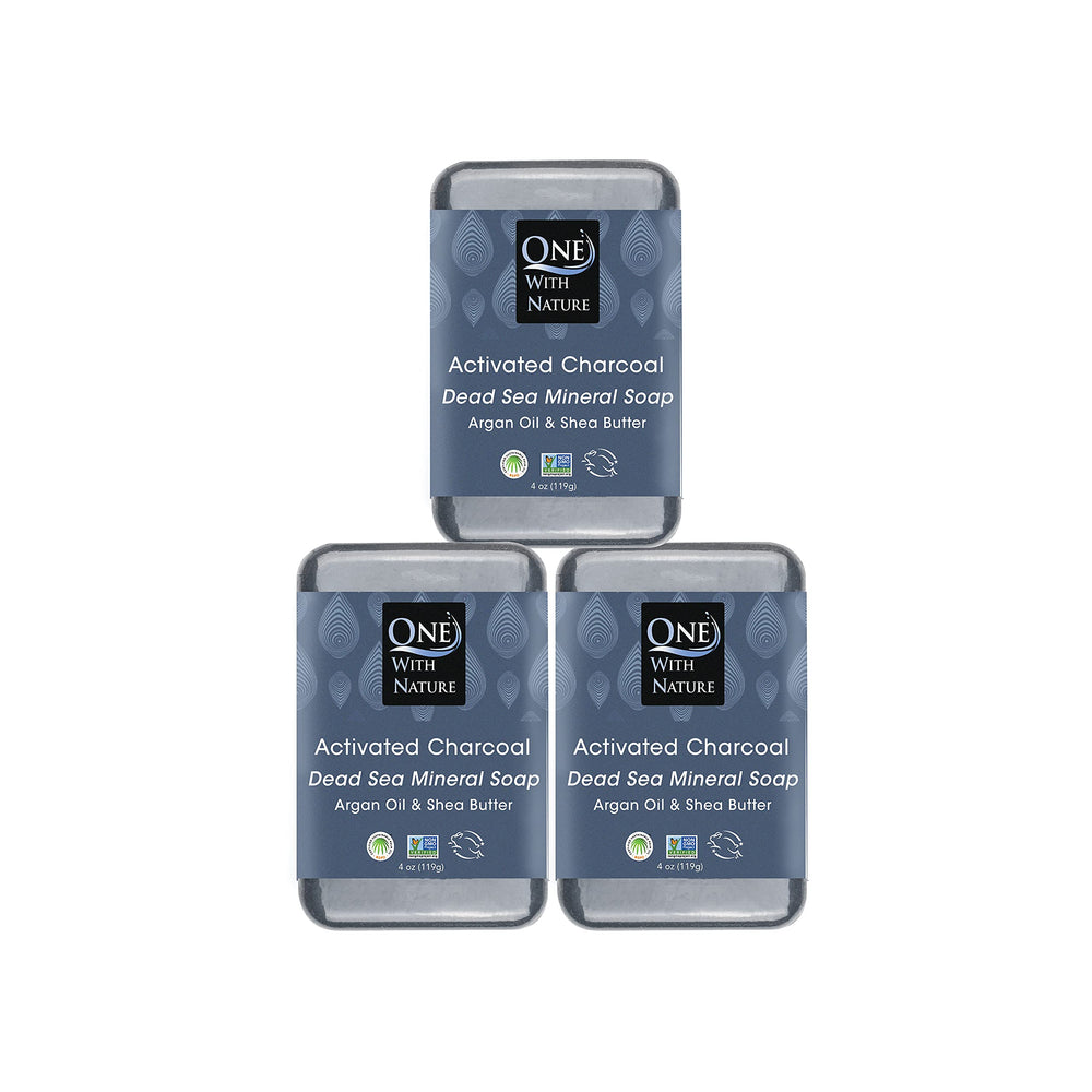 One With Nature activated charcoal soap 4oz pack hero showcases detox cleansing for face and body.
