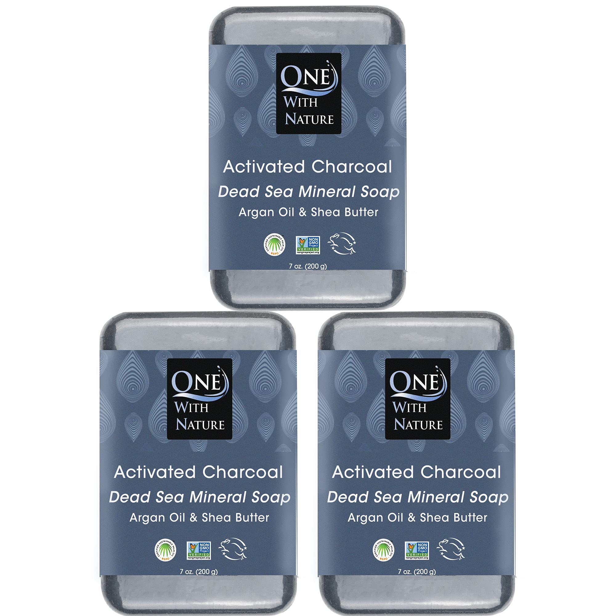 One With Nature Activated Charcoal Soap bar close-up showing detoxifying action for clearer skin.