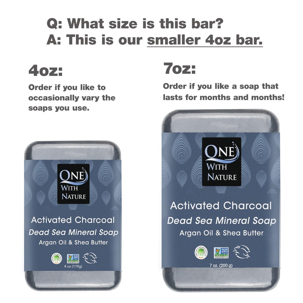 One With Nature charcoal soap bar closeup highlights exfoliating texture and premium ingredients.