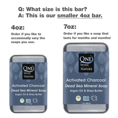 One With Nature charcoal soap bar closeup highlights exfoliating texture and premium ingredients.