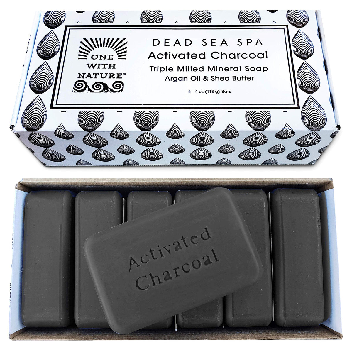 One With Nature charcoal soap gift box 6-pack front view for detoxifying cleansing