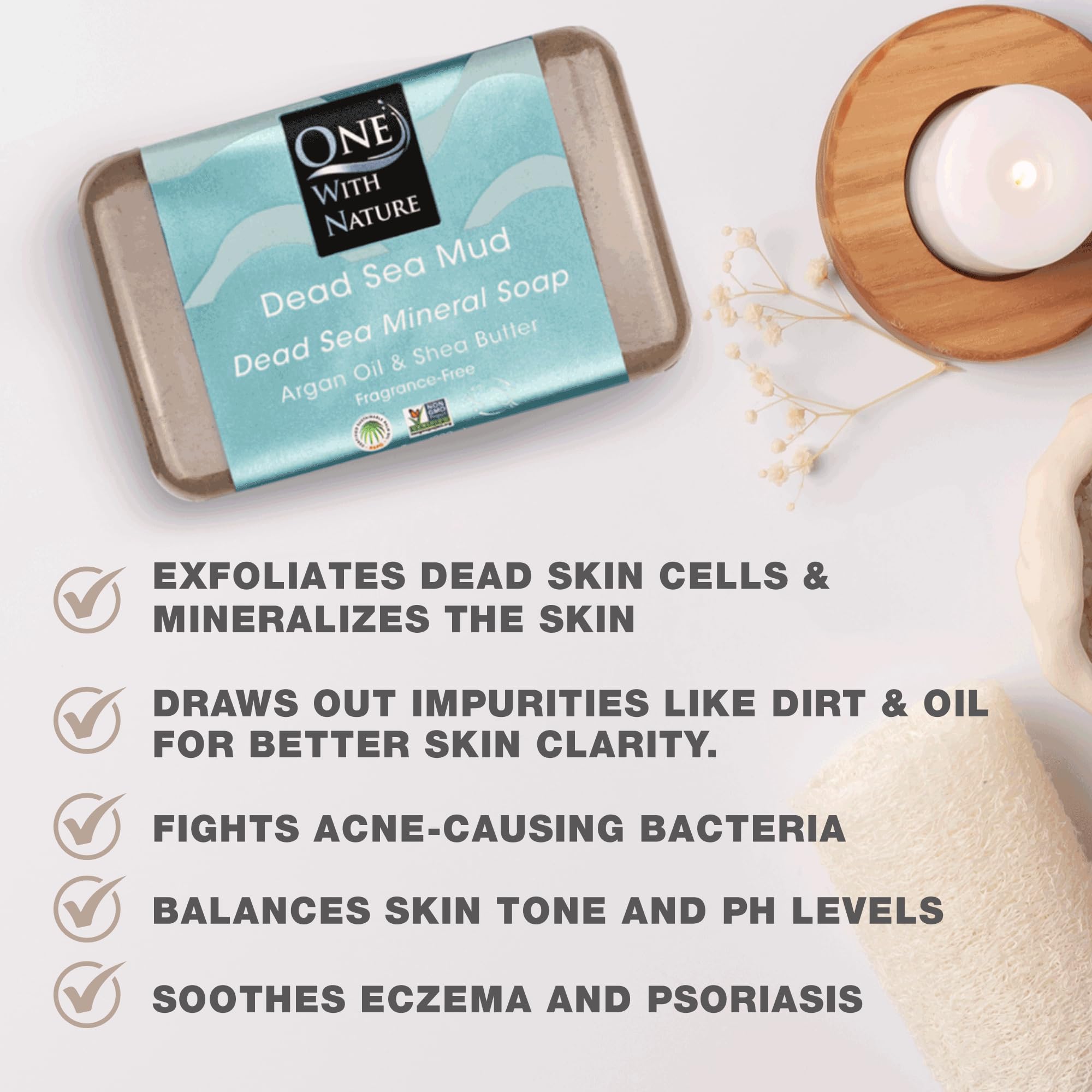 One With Nature Dead Sea Mineral Mud Soap Bar texture closeup highlights mineral-rich mud for exfoliation.
