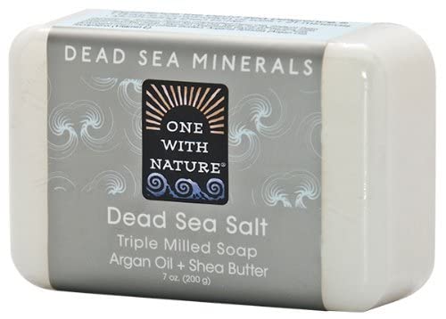One With Nature Dead Sea mineral soap six-pack display showing natural cleansing routine.