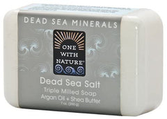 One With Nature Dead Sea mineral soap six-pack display showing natural cleansing routine.