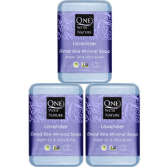One With Nature Dead Sea Salt Lavender Soap 3-Pack packaging closeup, eco packaging.