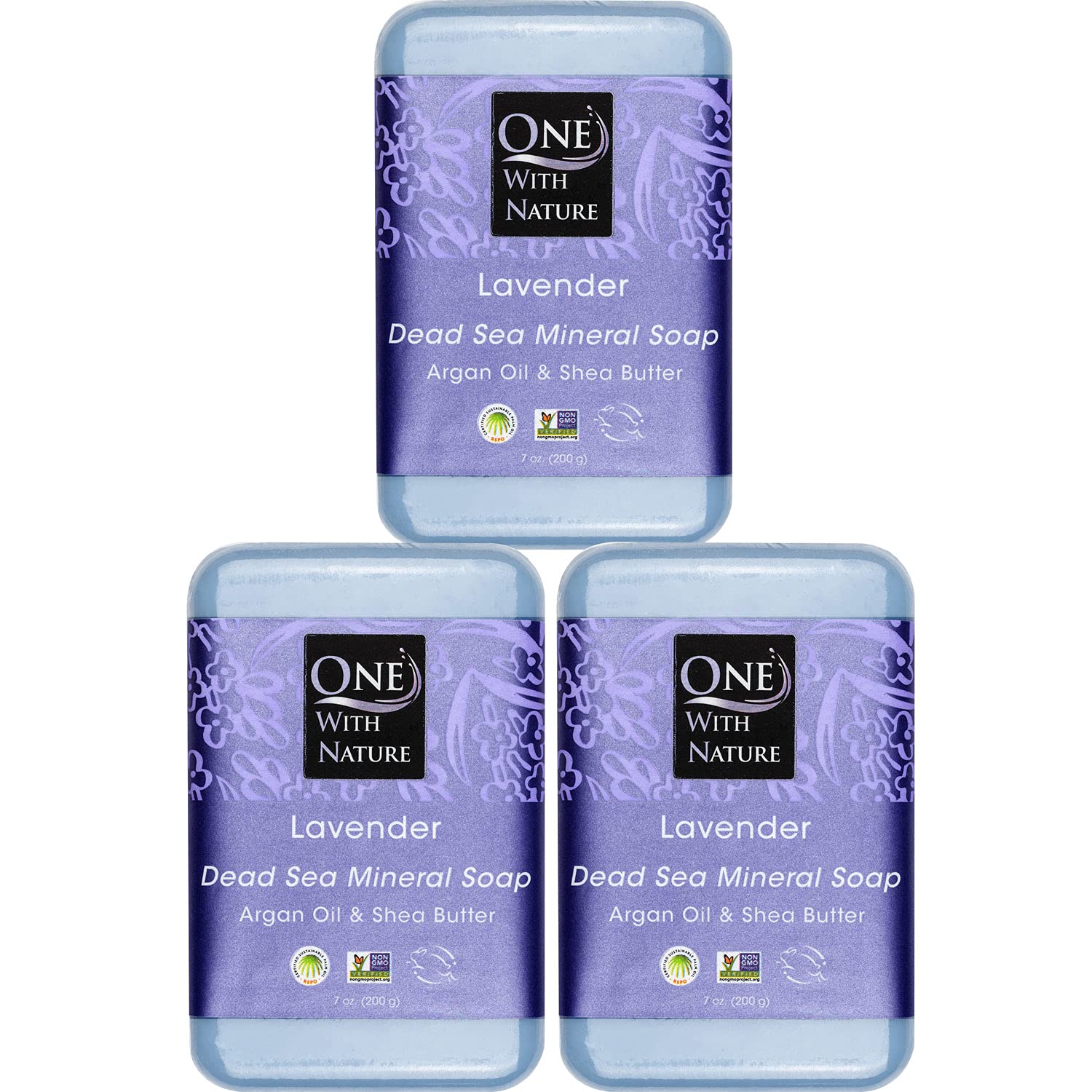 One With Nature Dead Sea Salt Lavender Soap bar on sink for gentle exfoliation.