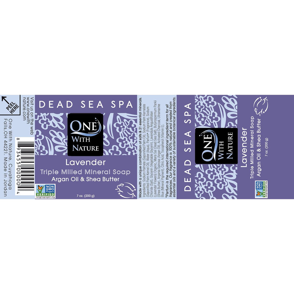One With Nature Dead Sea Salt Lavender Soap natural ingredients pictured with oils promoting skin balance.