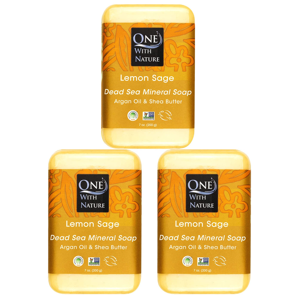 One With Nature Dead Sea Salt Lemon Sage soap 3-pack packaging highlights natural minerals for purifying cleansing