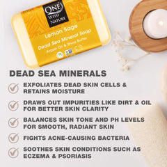 One With Nature Dead Sea Salt Lemon Sage soap bar front label shows mineral blend for skin balance