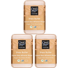 One With Nature Dead Sea Salt Shea Butter Soap 3-pack box – eco-friendly packaging for daily cleansing.