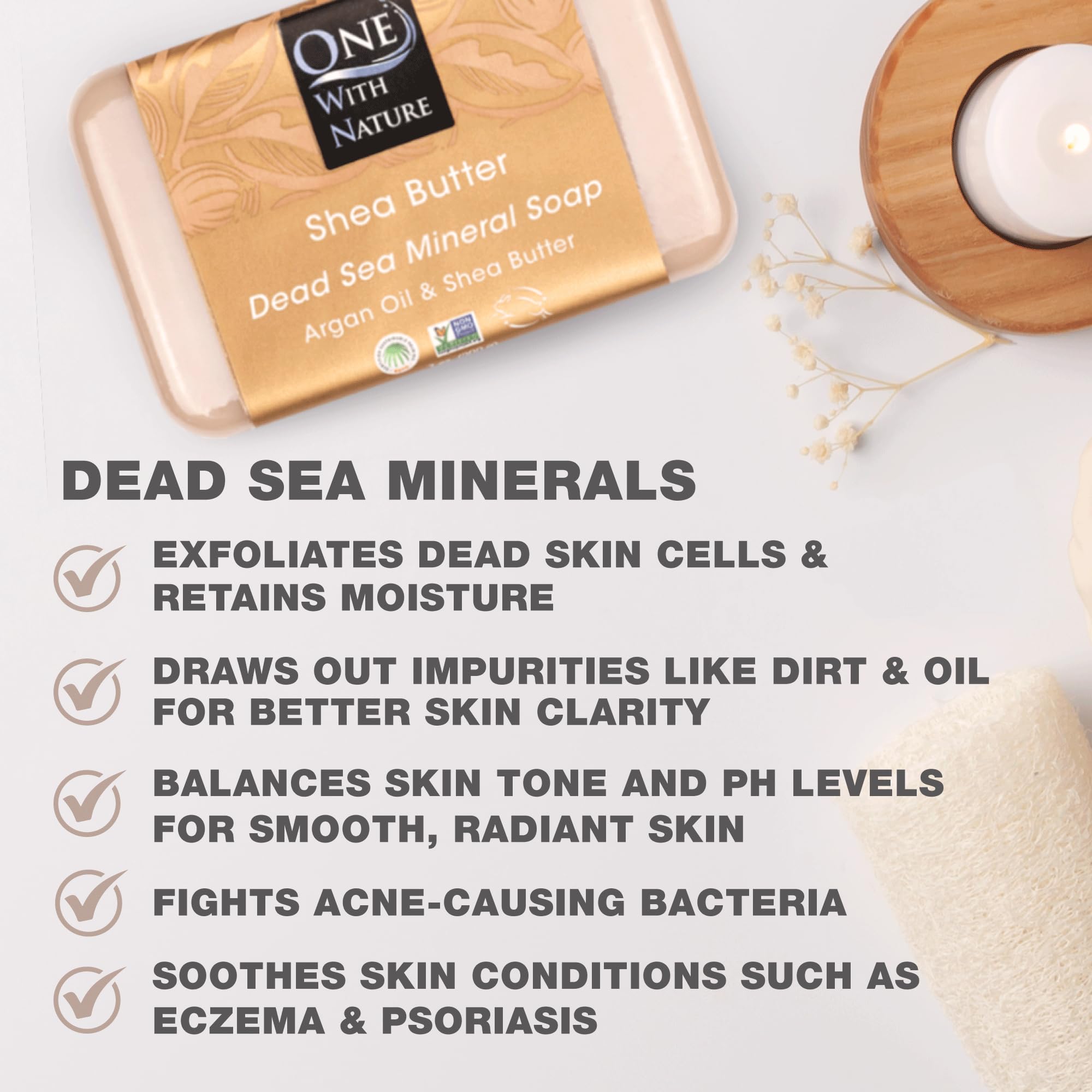 Lush lather of One With Nature Dead Sea Salt Shea Butter Soap highlighting gentle exfoliation.