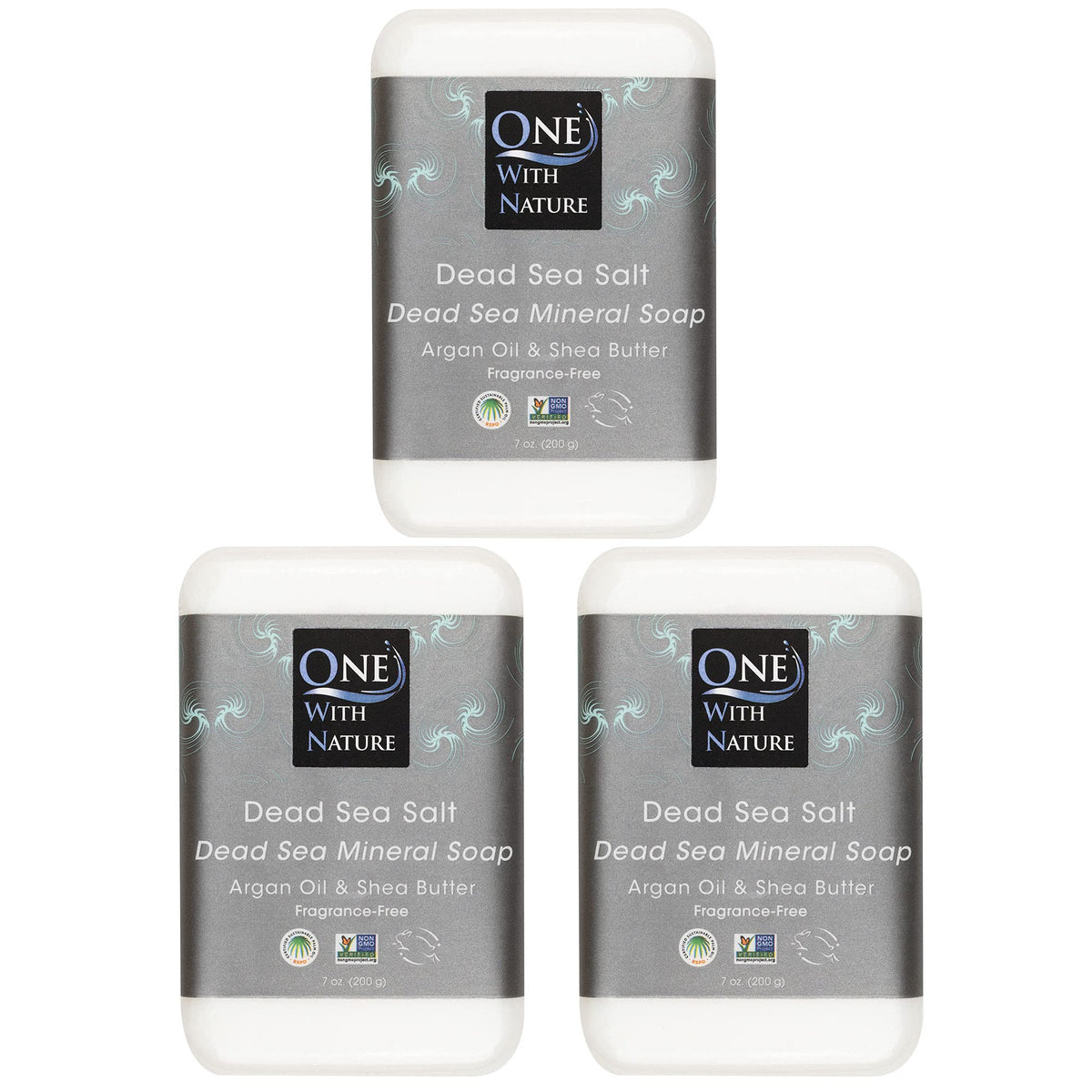 One With Nature Dead Sea Salt Soap 3-pack pack shot highlighting mineral-rich bars for purifying skin.