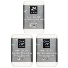 One With Nature Dead Sea Salt Soap 3-pack pack shot highlighting mineral-rich bars for purifying skin.
