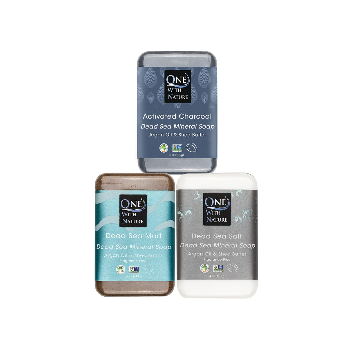 One With Nature Dead Sea Soap Mud Bar close-up showing mineral-rich texture for pore cleansing and exfoliation.