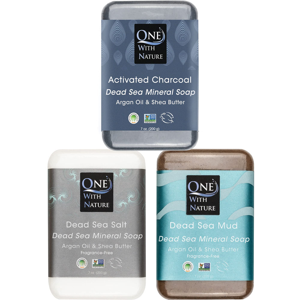 One With Nature Dead Sea Soap 3pk packaging highlights eco-friendly packaging for mindful cleansing