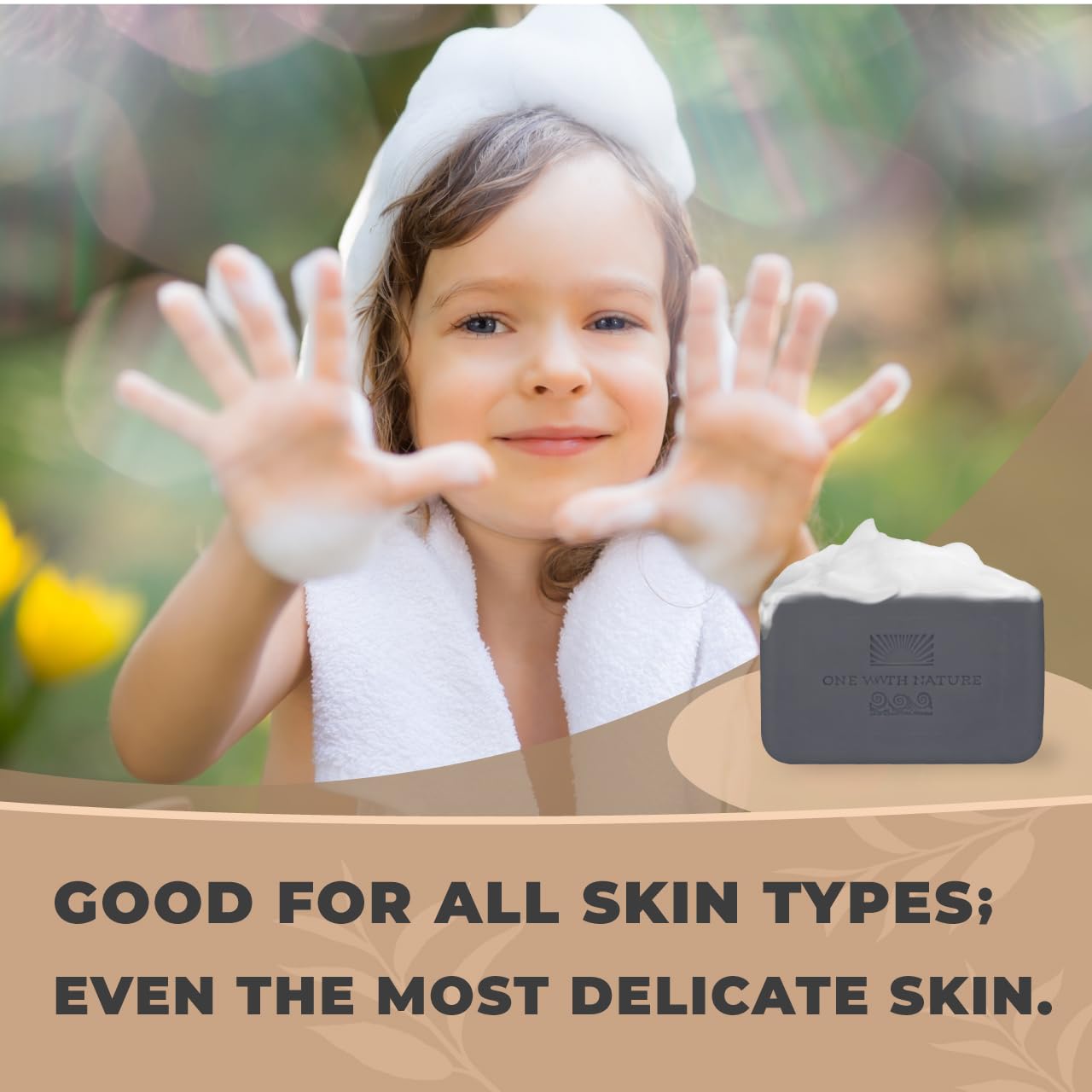 One With Nature eco-friendly packaging closeup emphasizes sustainable and cruelty-free packaging.