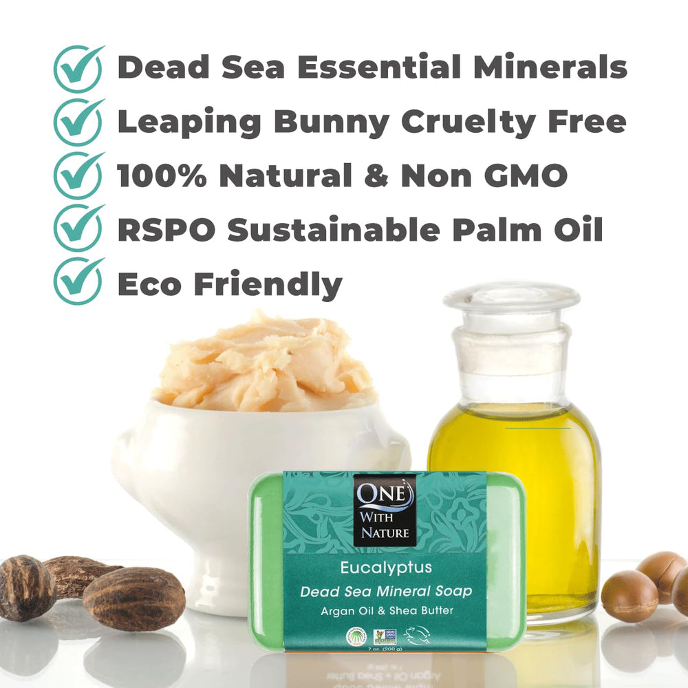 One With Nature eucalyptus soap 7oz 3-pack close-up texture with exfoliating grains.
