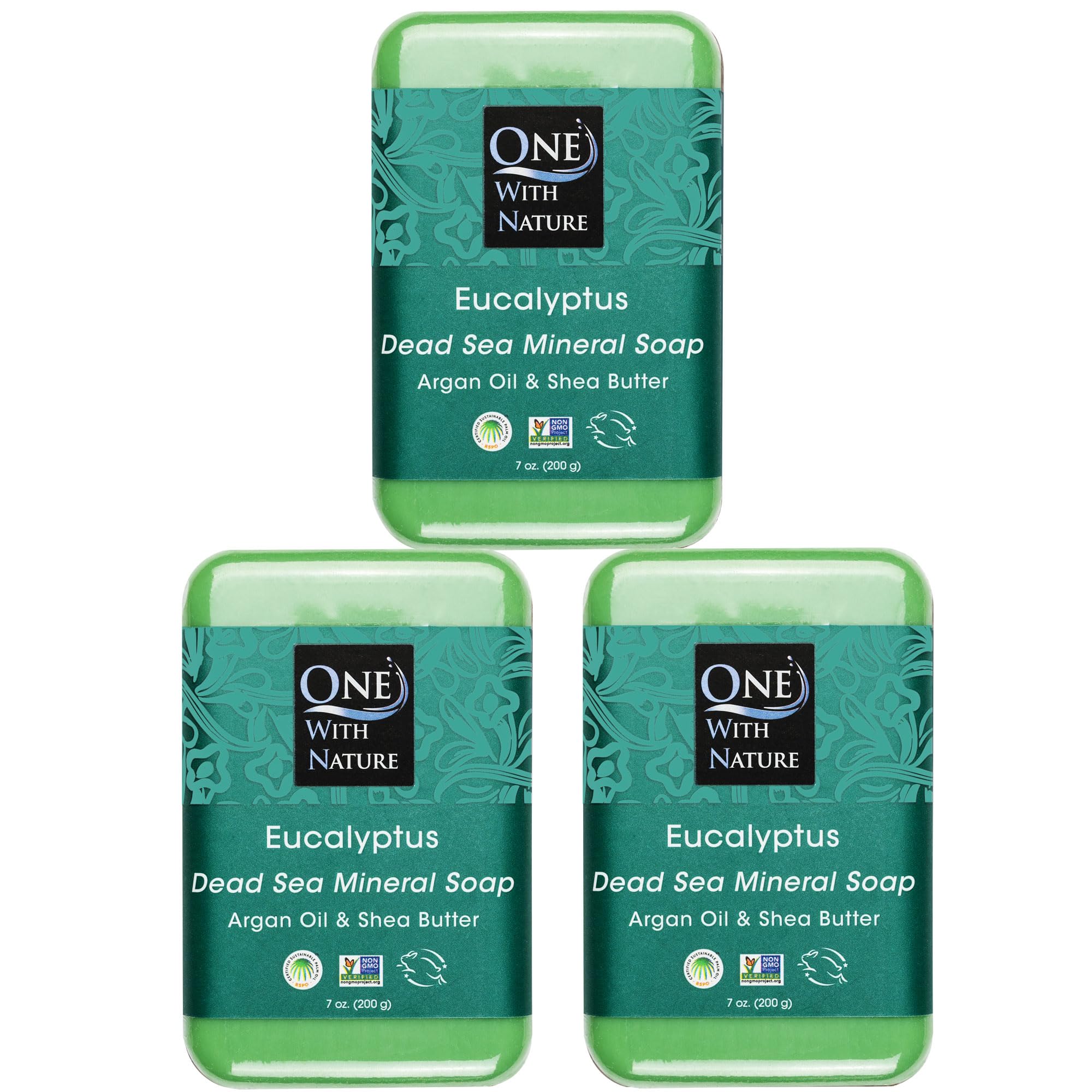 One With Nature eucalyptus soap 7oz 3-pack front view with refreshing natural formula.