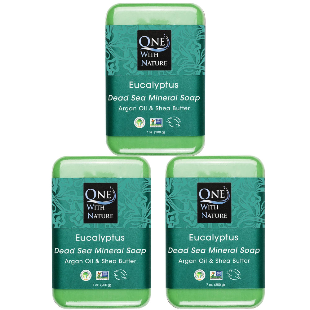 One With Nature eucalyptus soap 7oz 3-pack front view with refreshing natural formula.