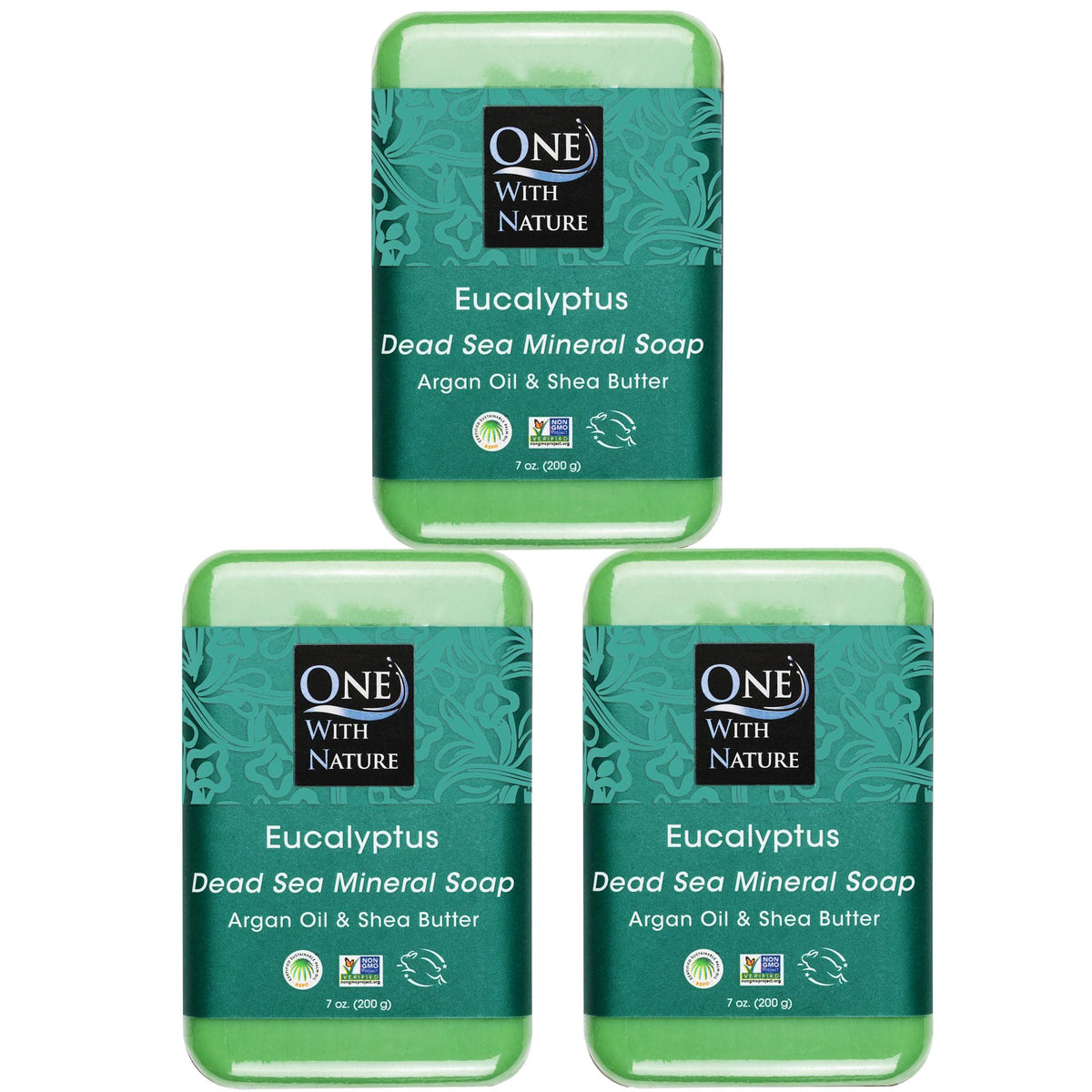 One With Nature eucalyptus soap 7oz 3-pack front view with refreshing natural formula.