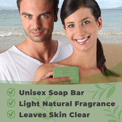 One With Nature eucalyptus soap 7oz 3-pack in hand showing portable size.
