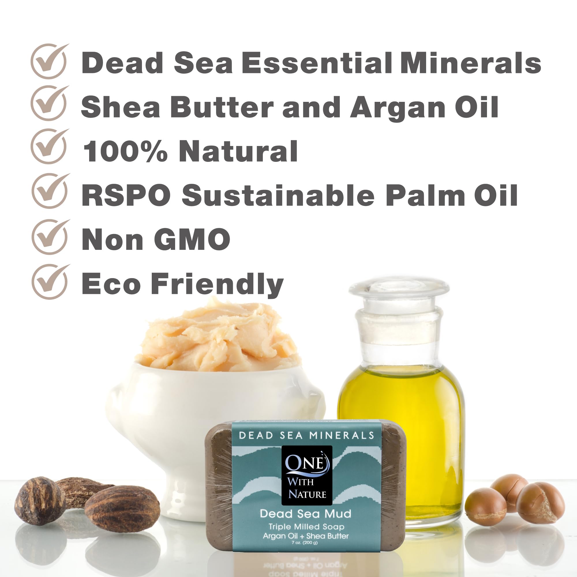 One With Nature Dead Sea Mineral Mud Soap Bar ingredients include shea butter and argan oil for moisturized cleansing.